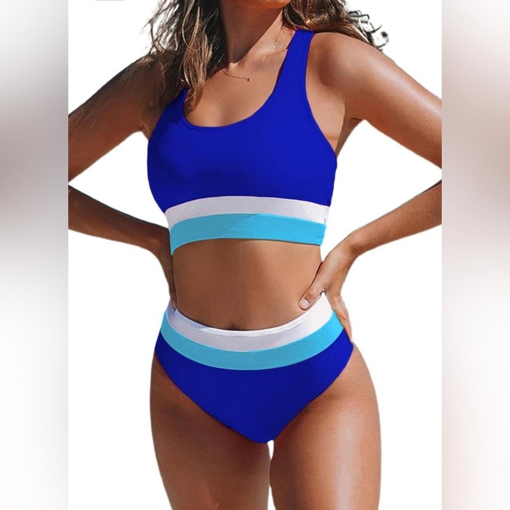 NWT Hilinker Size‎ S Royal Blue Color Block Racerback Zip Back Sporty Bikini